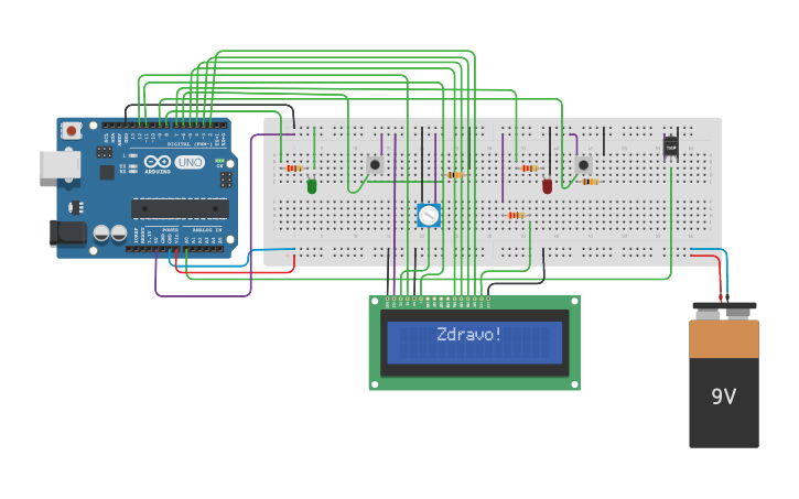 Circuit design LED 2xButton ON OFF | Tinkercad