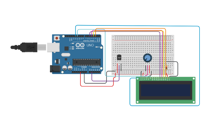Circuit design Temperature Sensor display with LCD in arduino - Tinkercad