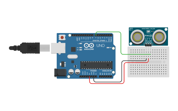 Circuit design Ultrasonic Sensor Arduino - Tinkercad image.