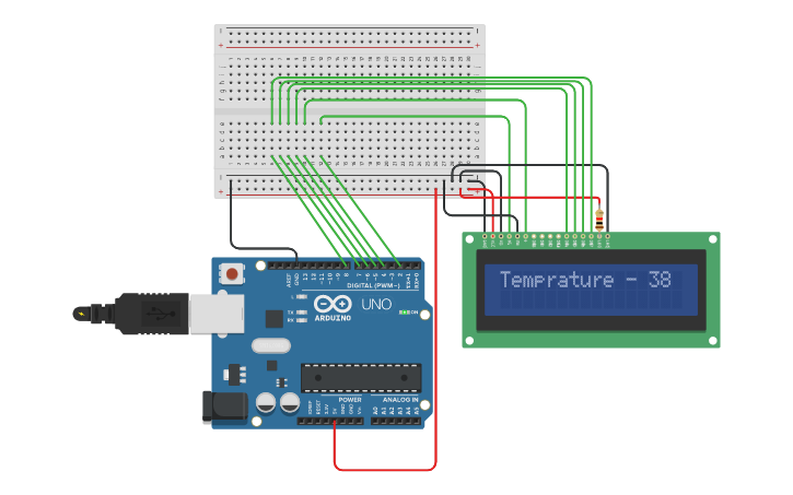 Circuit design LCD string temp - Tinkercad