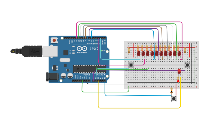 Circuit design 10 leds con 3 pulsadores - Tinkercad