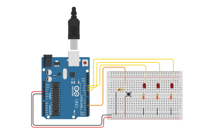 Circuit design 3 bit binary counter with button - Tinkercad