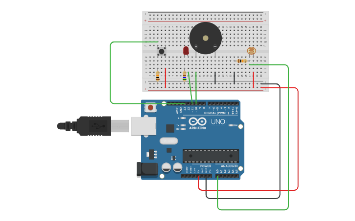 Circuit design A Piezo Buzzer, Photoresistor, Button, and LED - Tinkercad