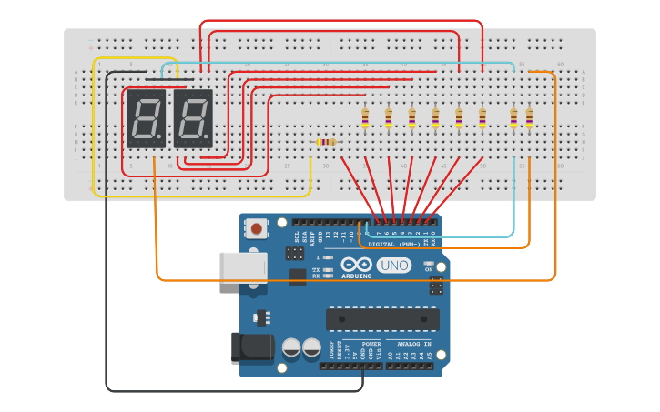 Circuit design 7 Segment Display Version 2 - For Loops - Tinkercad