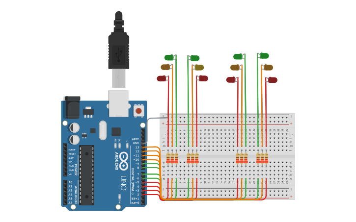 Circuit design 12 traffic light - Tinkercad