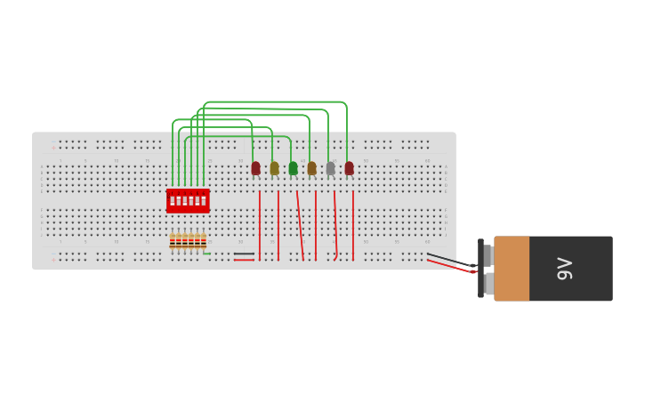 Circuit design dipSwitch with leds - Tinkercad
