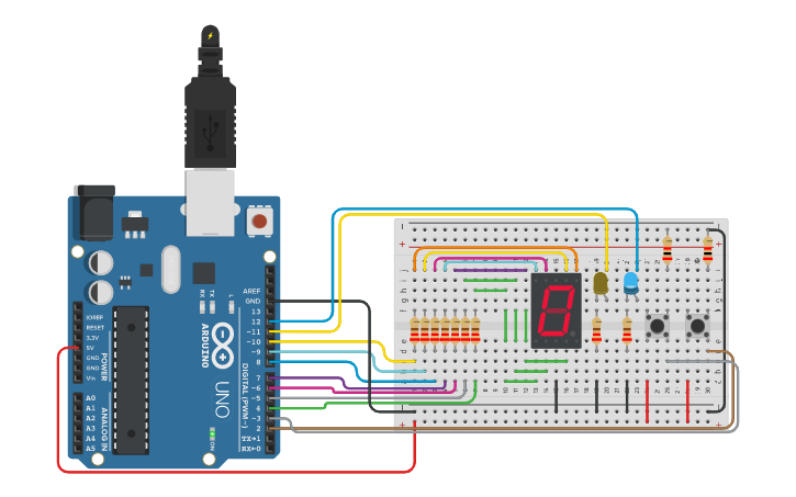 Circuit design contador ascendente/descendente - Tinkercad