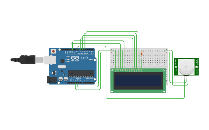 Circuit design PIR Sensor with LCD Display - Tinkercad