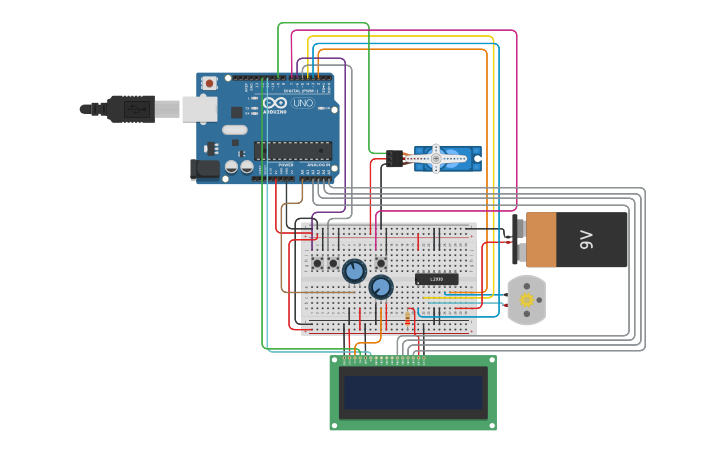 Circuit design Servo+Motor control with LCD - Tinkercad