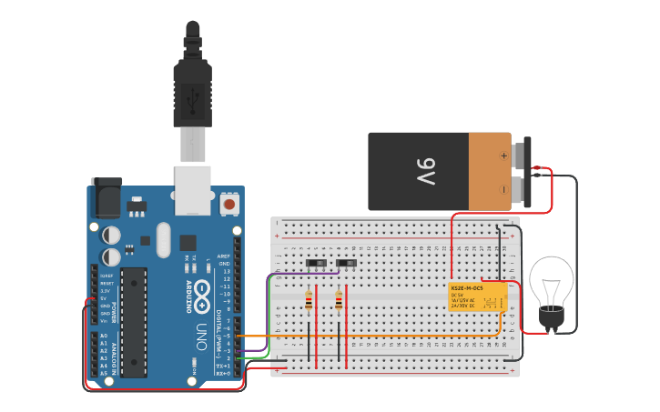 Circuit design Dois Botões + relé + lâmpada - Tinkercad