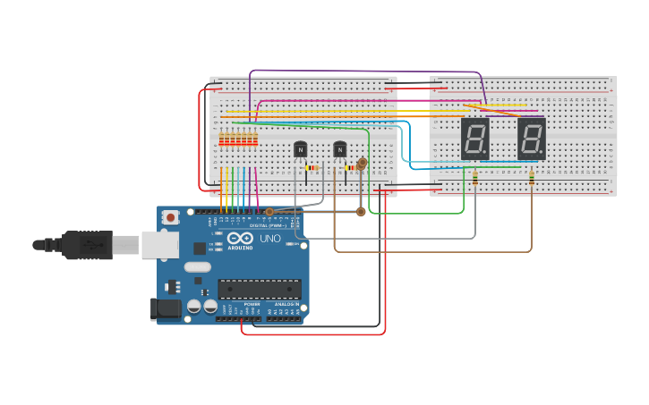 Circuit design Doble 7 segmentos con transistores | Tinkercad
