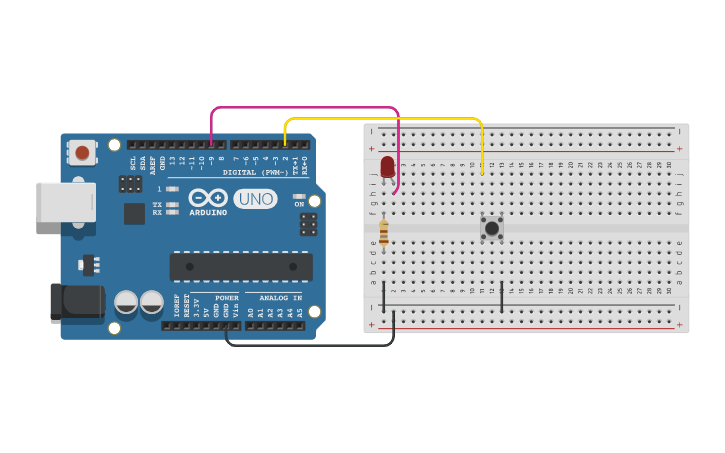 Circuit design Bouton poussoir + interruption | Tinkercad