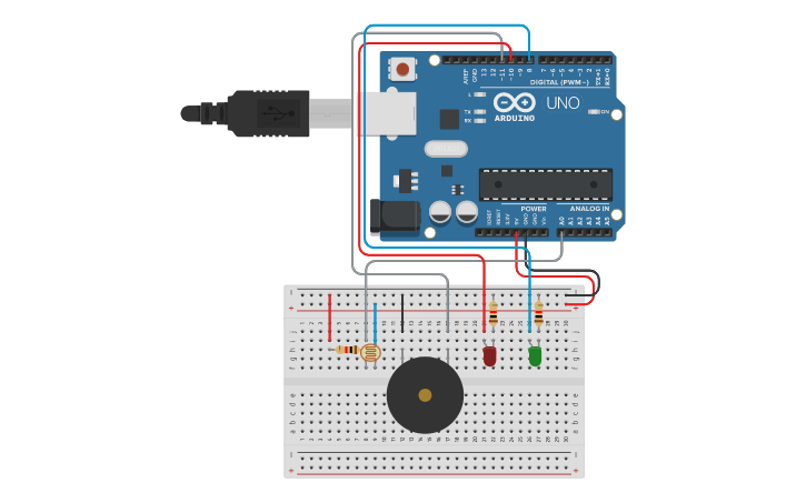 Circuit design photo resistor and buzzer | Tinkercad