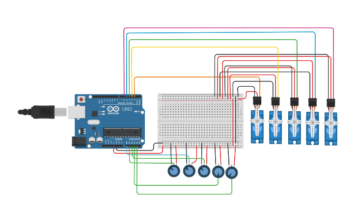 Circuit design 5 Servos a Potenciometros | Tinkercad
