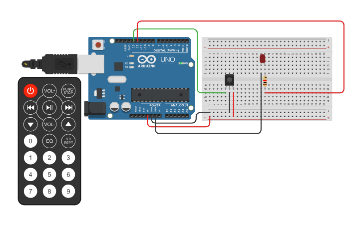 Circuit design IR Remote and IR Sensor Turn RED LED ON/OFF - Tinkercad