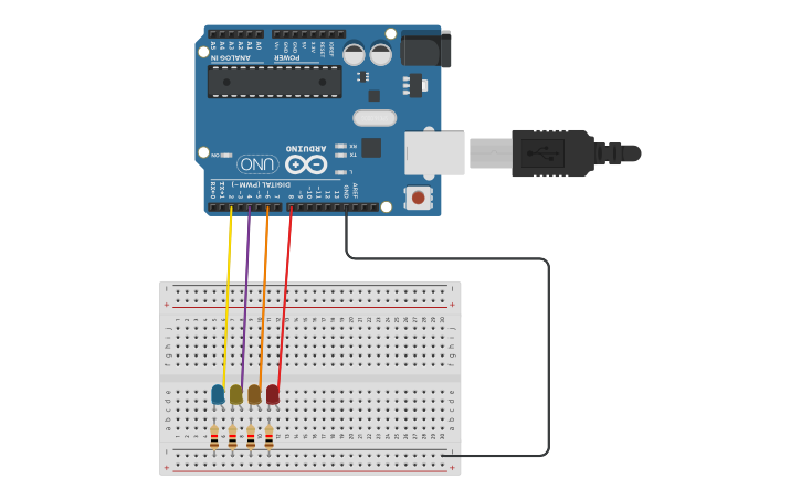 Circuit design 4 leds - Tinkercad