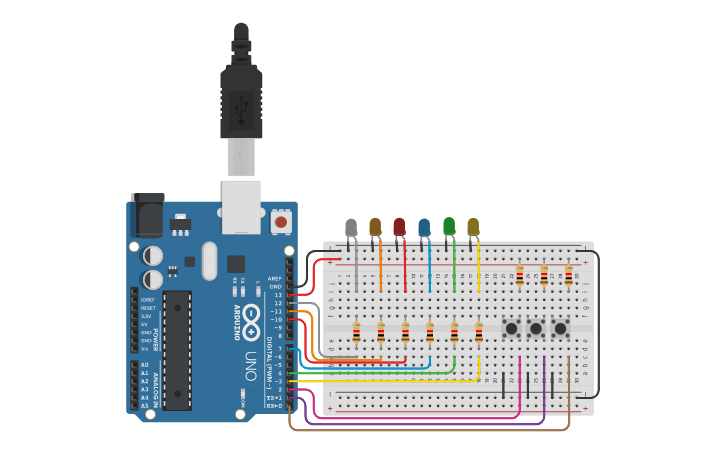 Circuit design 6 leds y 3 pulsadores | Tinkercad