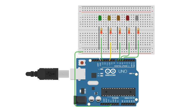 Circuit design ENCENDIDO Y APAGADO DE 5 LED - Tinkercad