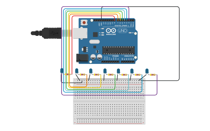 Circuit design Knight Rider Schaltung mit Sketch | Tinkercad