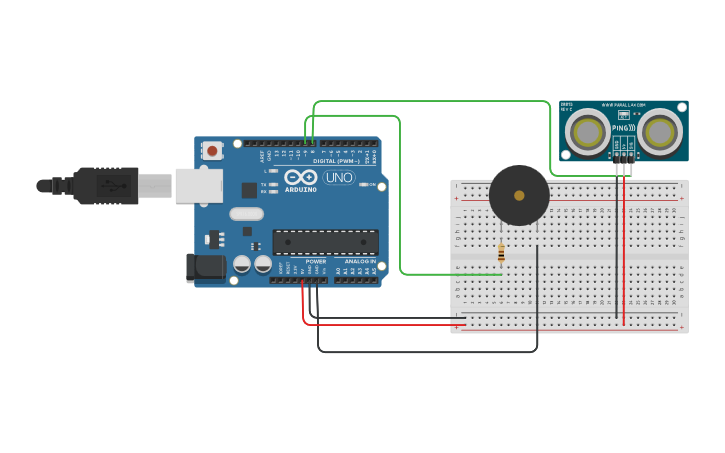 Circuit design sensor ultrasonido con altavoz | Tinkercad