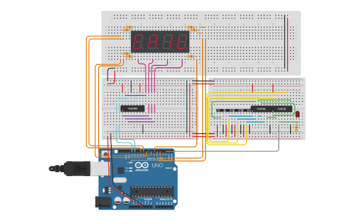 Circuit design Shift Register and 7 Segs - Tinkercad