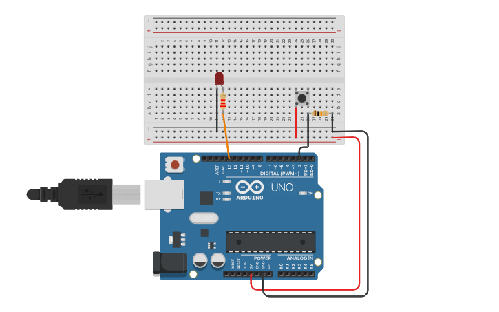 Circuit design Blink LED by using Push Button - Tinkercad
