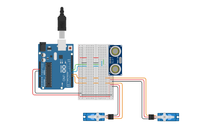 Circuit design Copy of P02 Two Servo and Two Potentiometer - Tinkercad