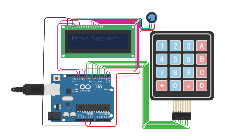 4x4 Passcode Circuit design LCD 16X2 + KEYPAD 4X4 / PASSWORD+TEXT - Tinkercad