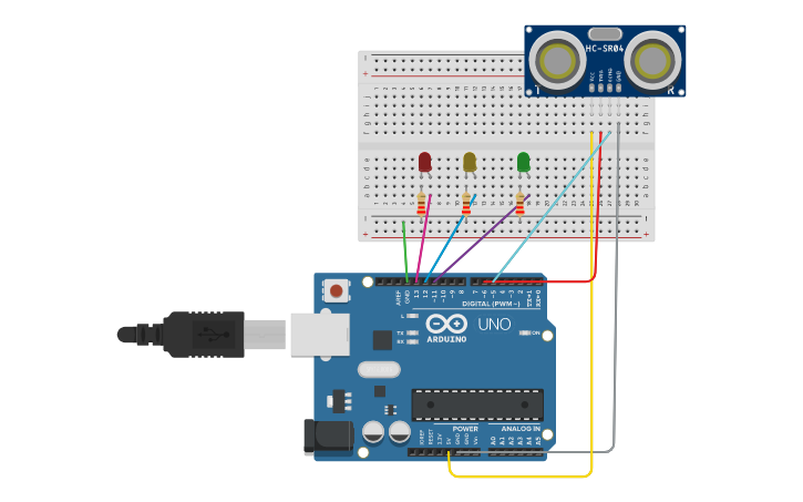 Circuit design Practica 6 c: Sensor de ultrasonidos con 3 leds ...