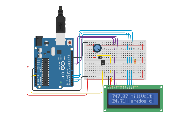Circuit design sensor de temperatura con pantalla LCD - Tinkercad