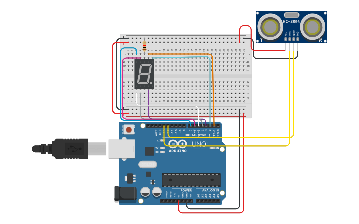Circuit design 7 Seg + Distance Sensor | Tinkercad