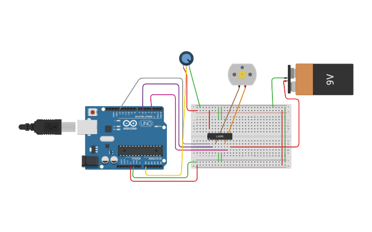 Circuit design DC motor controlled with potentiometer - Tinkercad