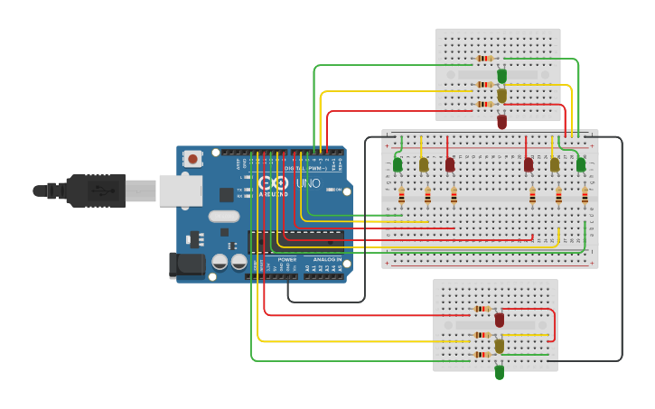 Circuit design SEMAFORO 4 INCROCI - SEMAFORI INDIPENDENTI - Tinkercad