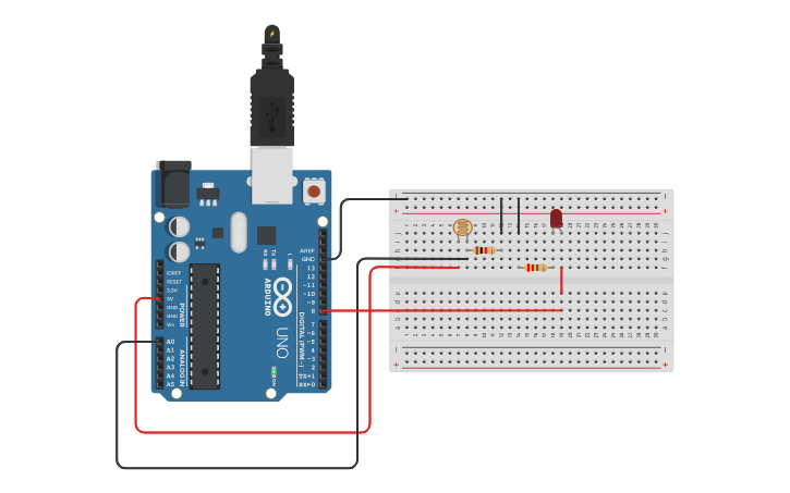 Circuit design hidupkan LED dengan LDR dengan fungsi map - Tinkercad