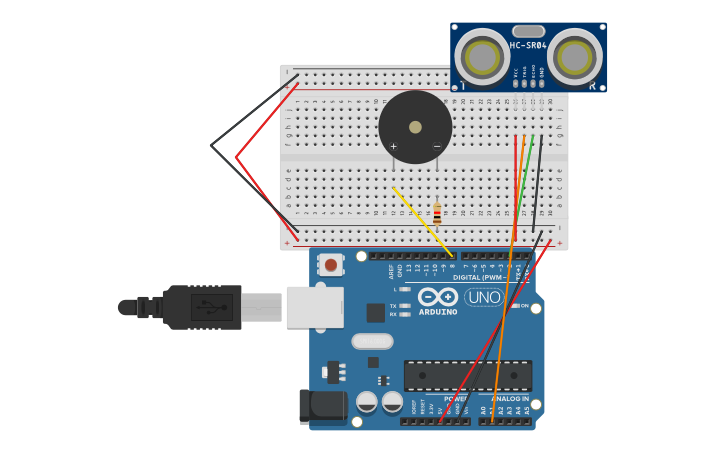 Circuit design Anushkaa 7C Distance Sensor to control Buzzer - Tinkercad