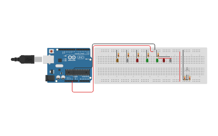 Circuit design Encendiendo luces LEDs con Protoboard | Tinkercad