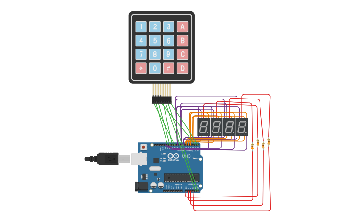 Circuit design Stopwatch 4 X 7 segment display - Tinkercad
