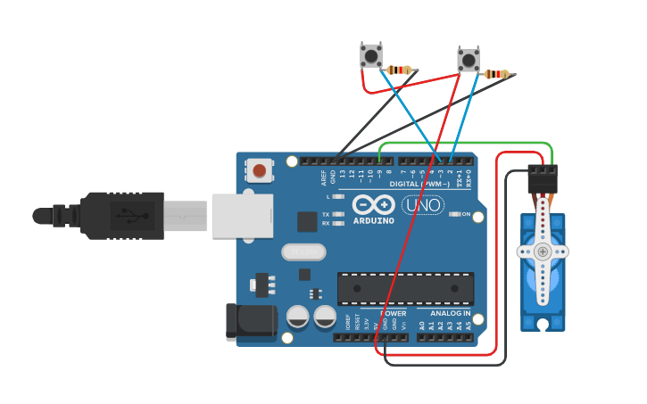Circuit design Servo Motor by 2 Push Button 0-180 Degree - Tinkercad