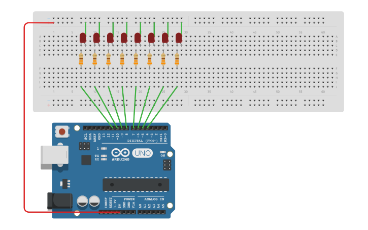 Circuit design 8 LED shift Circuit - Tinkercad