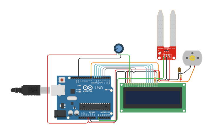 Circuit design Sensor Kelembaban dan Pengairan Tanah - Tinkercad