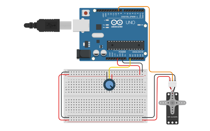 Circuit design Servo Motor and Potentiometer - Tinkercad