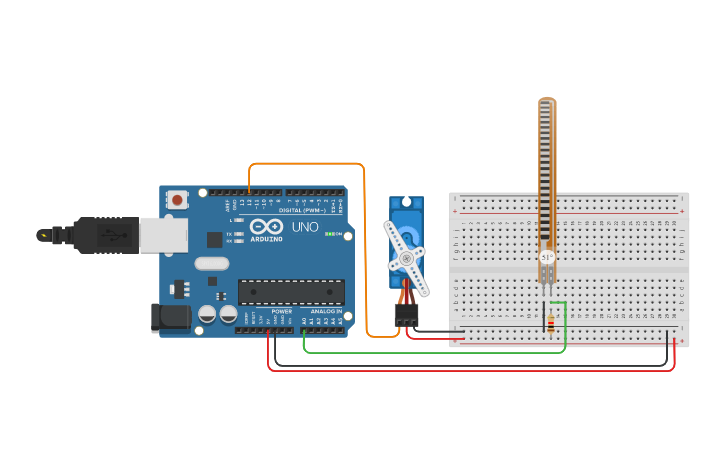 Circuit design Servo motor control using flex sensor - Tinkercad