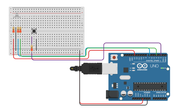 Circuit design Led RGB y botón pulsador - Tinkercad