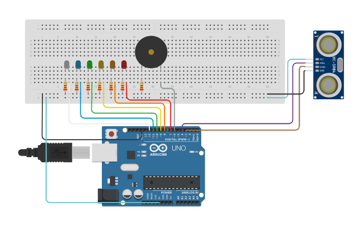 Circuit design Sensor de distancia - Tinkercad