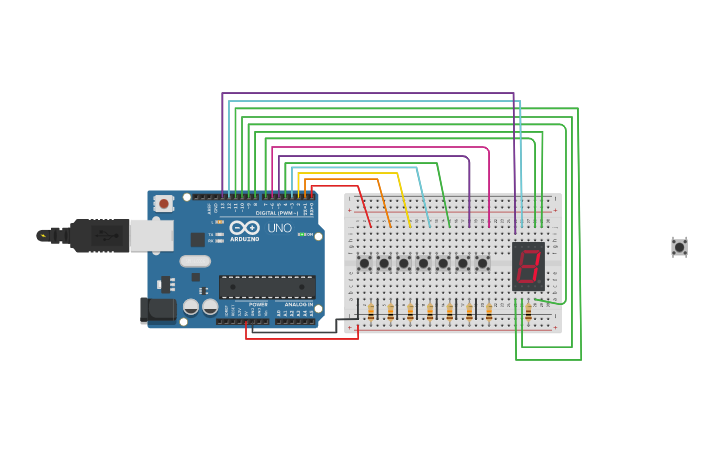Circuit design SEVEN SEGMEN DENGAN PUSH BOTTON - Tinkercad