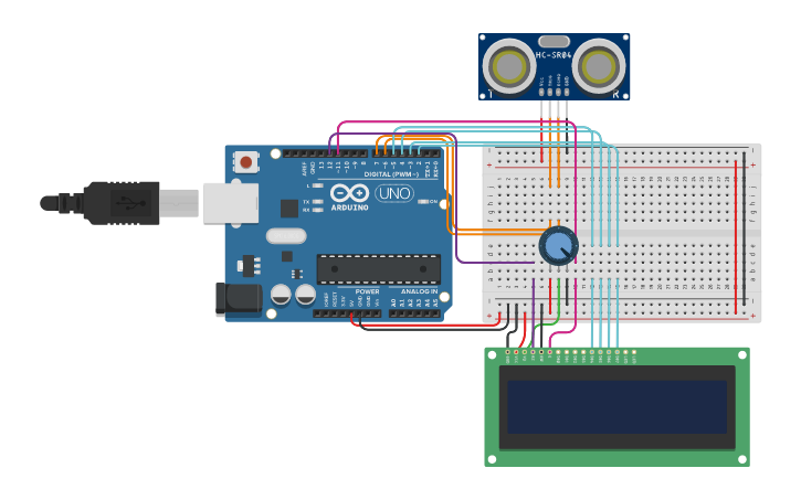 Circuit design Ultra Sonic Distance with LCD - Tinkercad