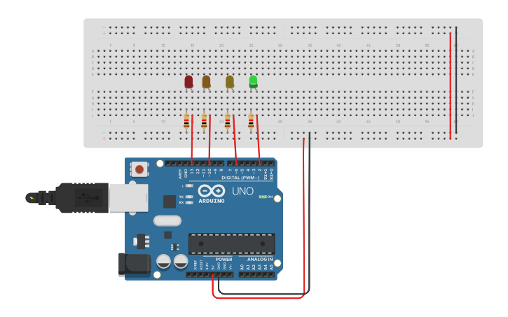 Circuit design 4 LED blinking lights - Tinkercad