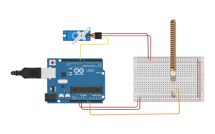 Circuit design control servo motor using flex sensor - Tinkercad