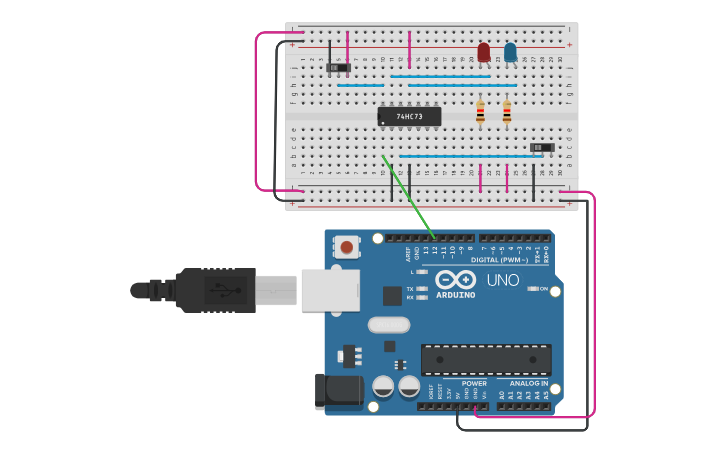 Circuit design JK FLIP FLOP (74HC73) - Tinkercad