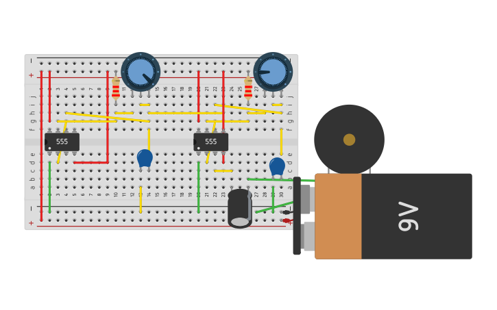 Circuit design double 555 siren - Tinkercad